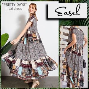 EASEL "Pretty Days" Cottagecore Mix Print Free Flow & Relaxed Pleated Maxi Dress